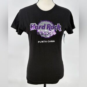 NWT‎ Hard Rock Cafe Punta Cana T-Shirt Womens Small Black Purple Sequin Logo Tee